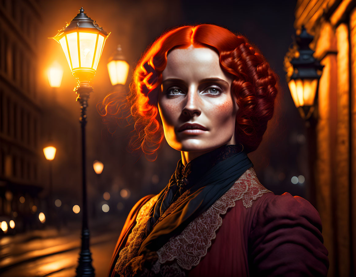 Vibrant red-haired woman in vintage dress under street lamps