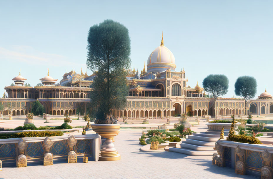 Palatial Structure with Domes and Arches in Tranquil Daytime Setting