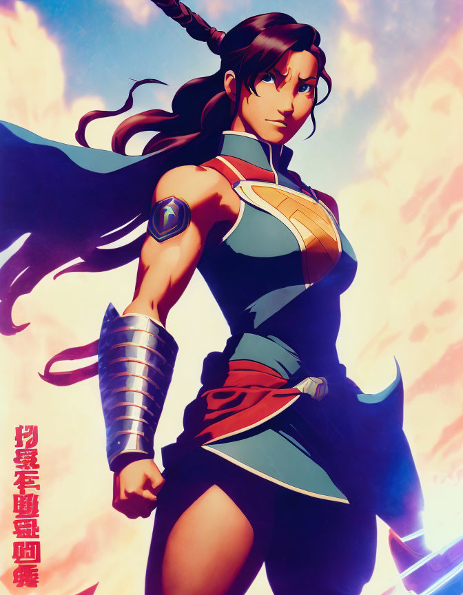 Animated warrior woman with long braid in armor and red sash against blazing sky