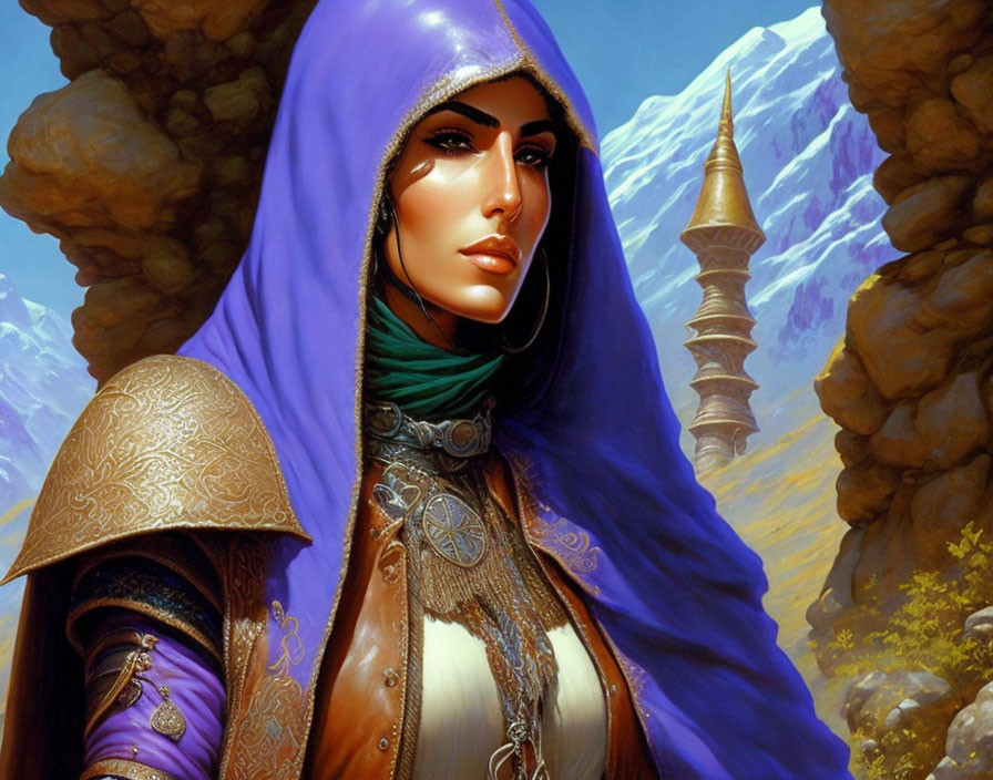 Detailed Illustration: Woman in Purple Hood and Armor Against Mountain Backdrop