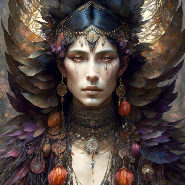 Digital art of a person with ornate feathered headdress and jewelry