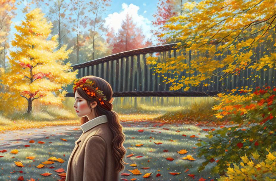 Woman in autumn attire standing in vibrant fall landscape with leafy headband.