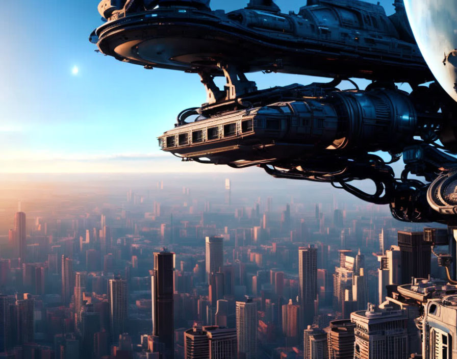 Futuristic spaceship over modern cityscape at sunrise
