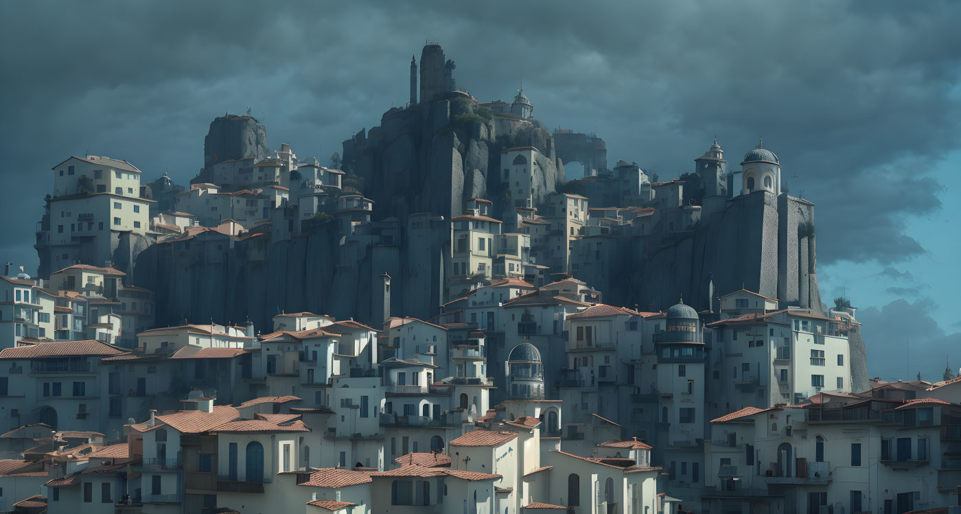 Medieval town on cliffside under dramatic cloudy sky