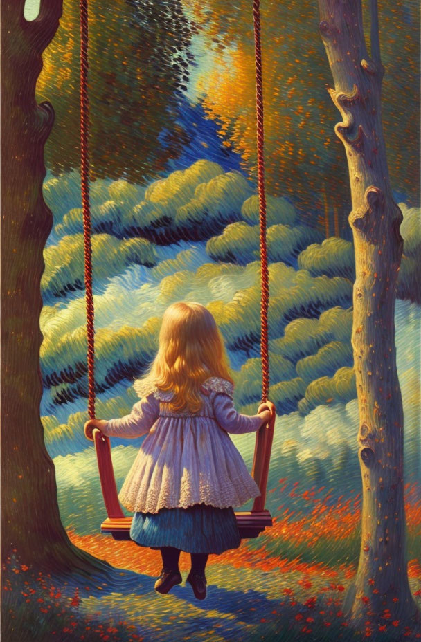 Blonde girl on swing gazes at vibrant forest landscape