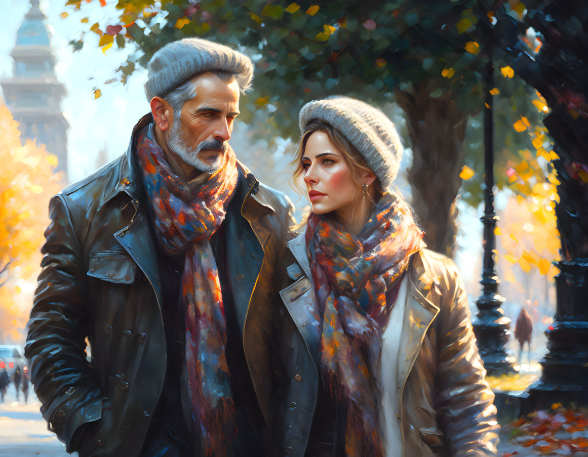 Autumn scene: Two people in warm clothing on city street with golden leaves and soft sunlight