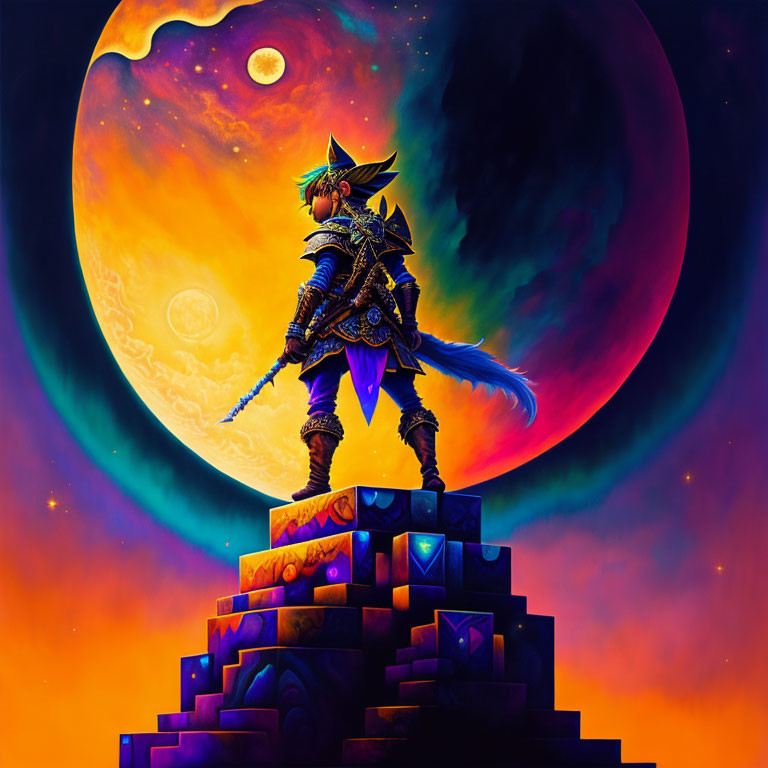 Armored character on steps under dual-toned moon