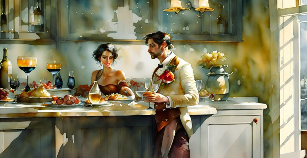 Romantic Couple in Elegant Attire in Warm, Well-Lit Kitchen