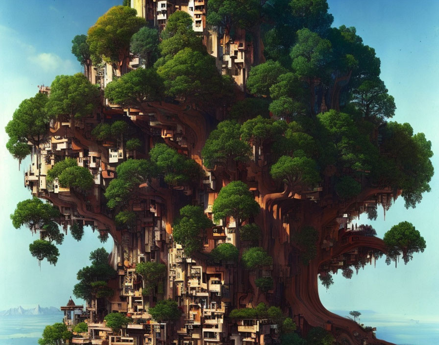 Digital artwork: Massive tree with fantastical village in branches