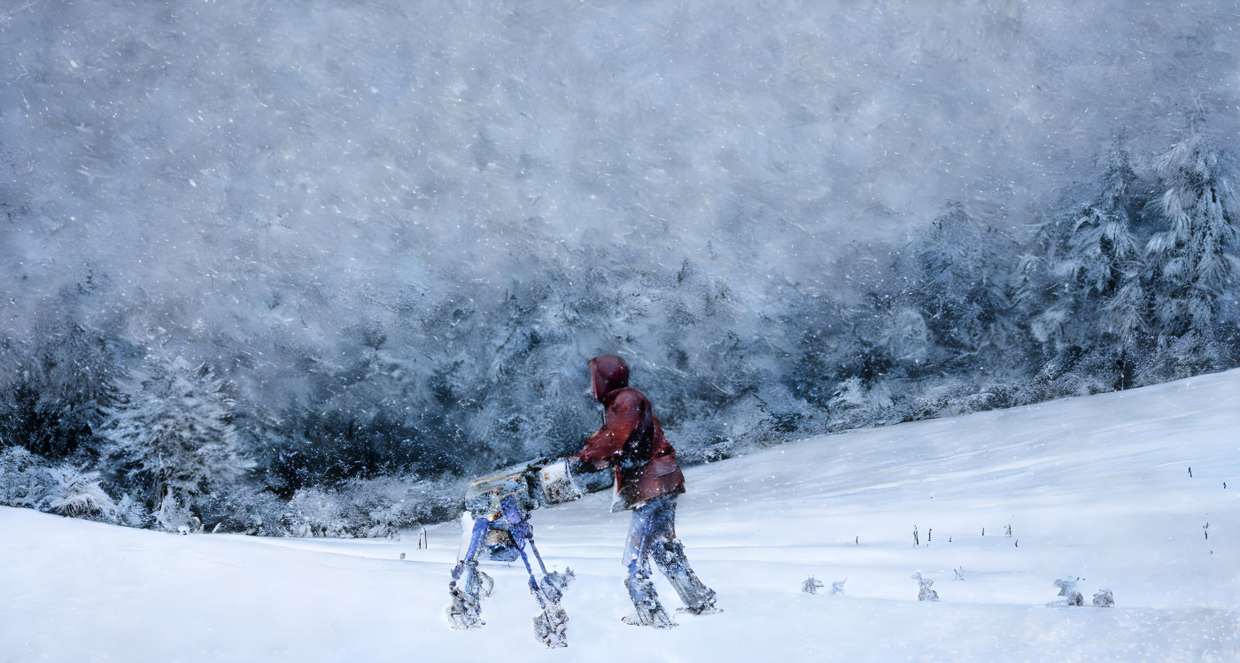 Person pushing stroller in snowy landscape with snow-covered trees