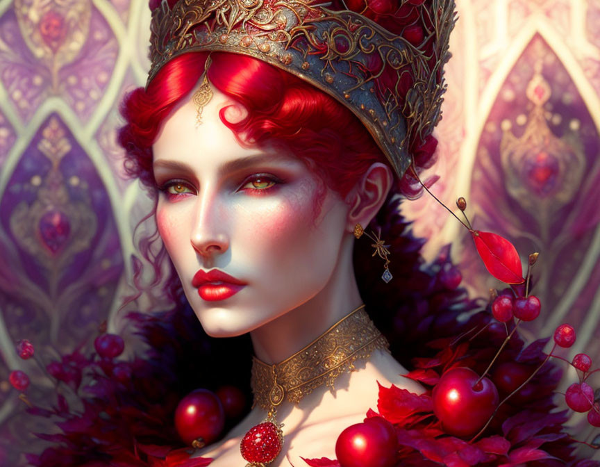 Regal woman with red hair in golden crown and jewelry on luxurious red and purple backdrop