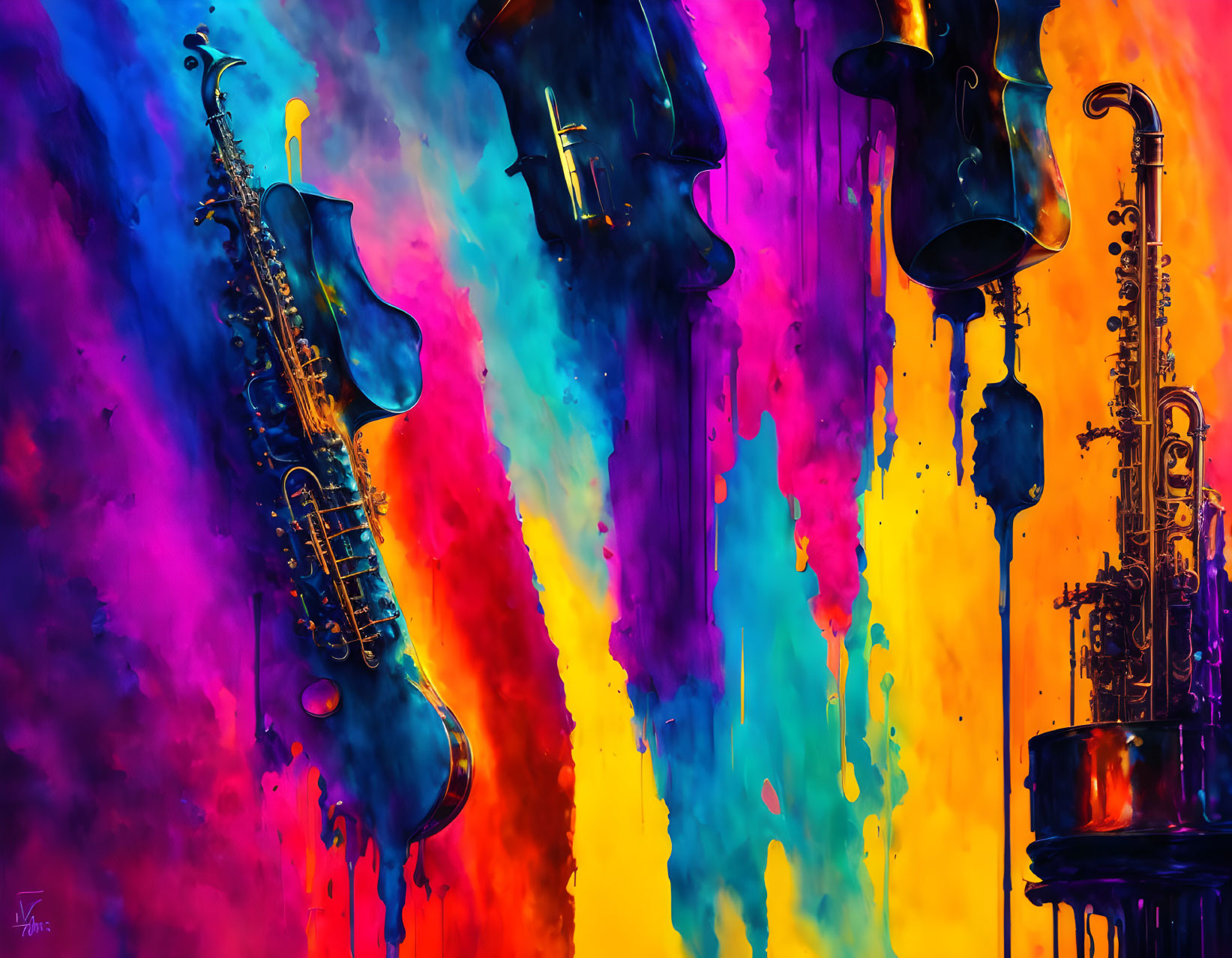 Colorful saxophone artwork with melting design on vibrant background