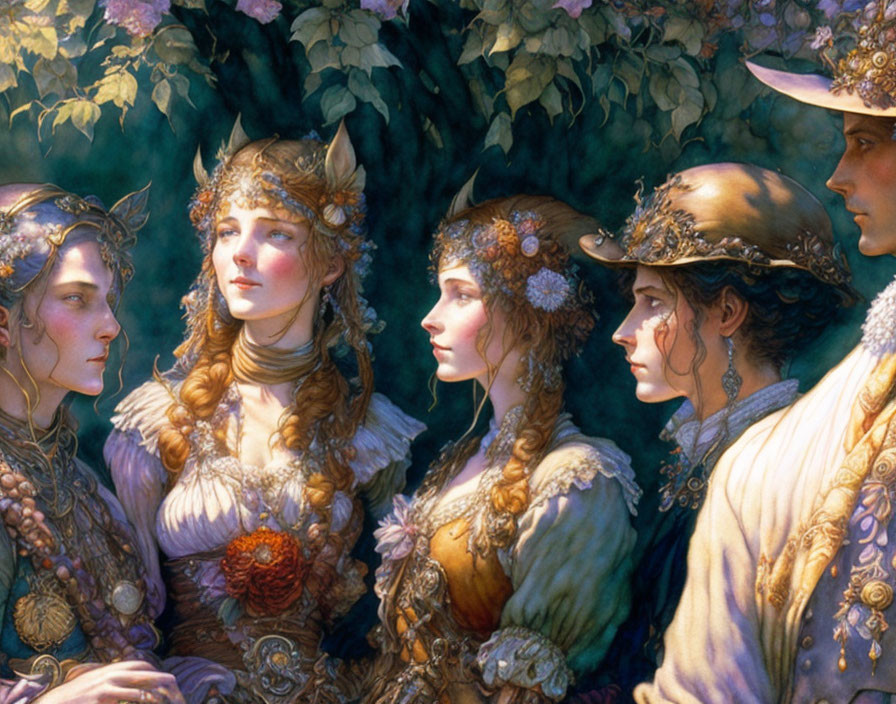 Four elegant individuals in fantasy attire against lush foliage