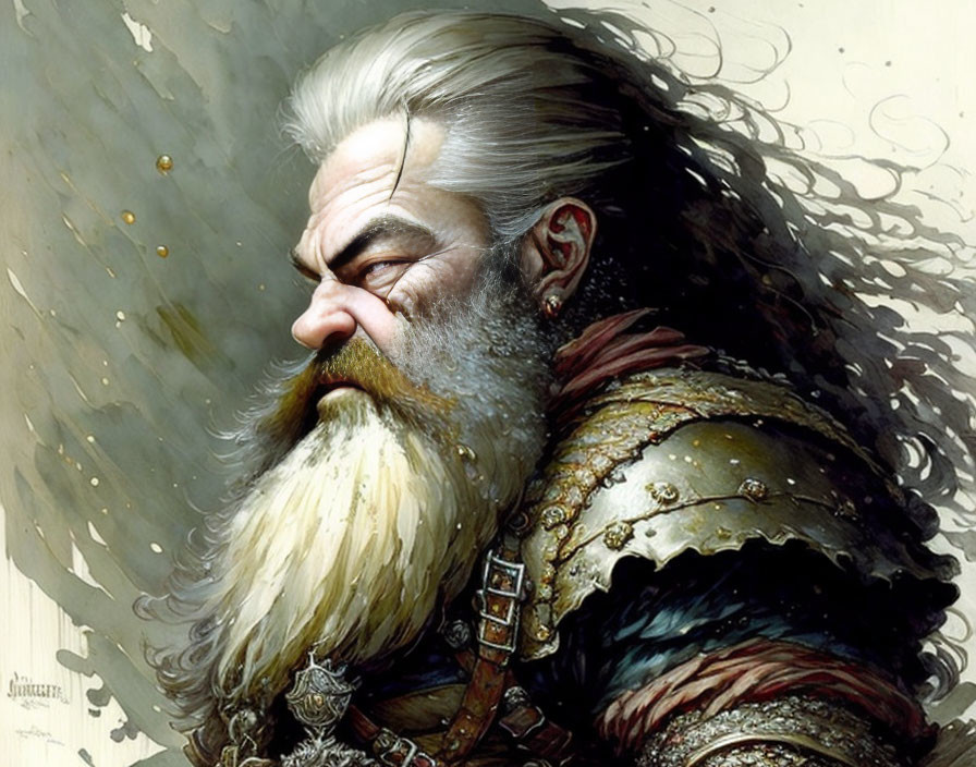 Fantasy warrior illustration with bearded, white-haired design