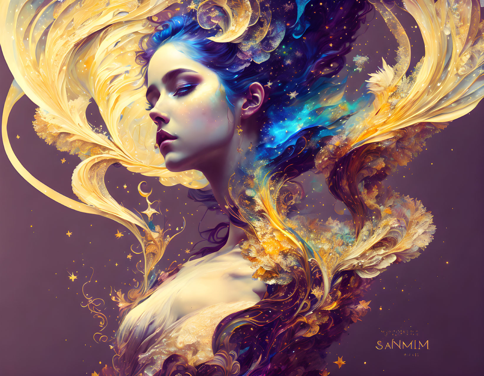 Surreal cosmic-themed woman illustration with blending hair and surroundings