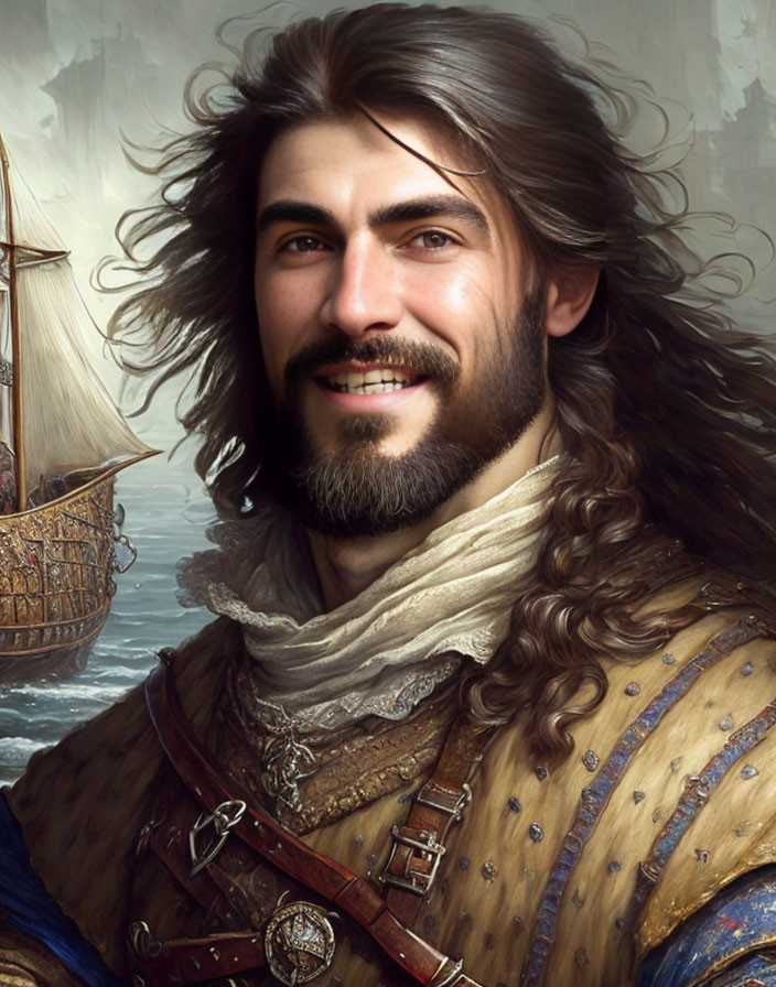 Smiling man with long hair and beard in blue Renaissance attire with ship backdrop