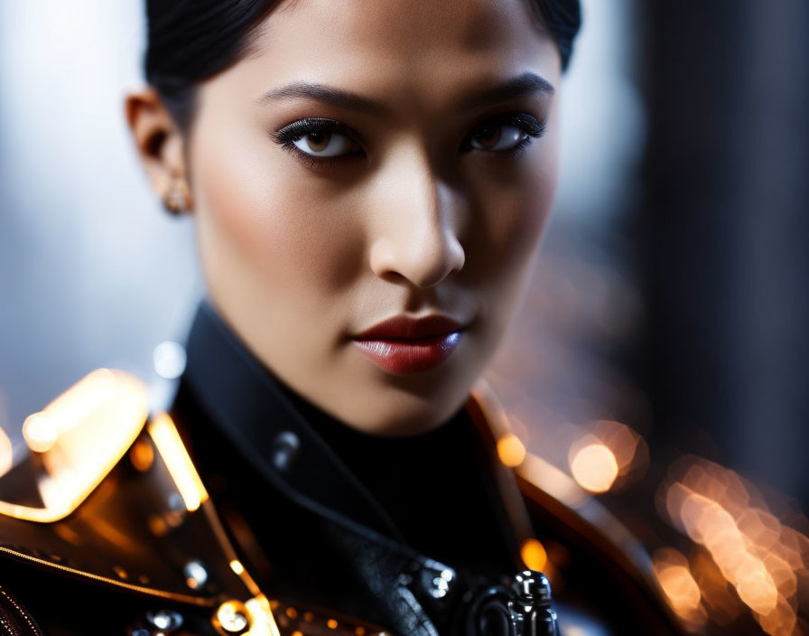 Close-up portrait of woman with dark hair, intense gaze, subtle makeup, black jacket, bokeh