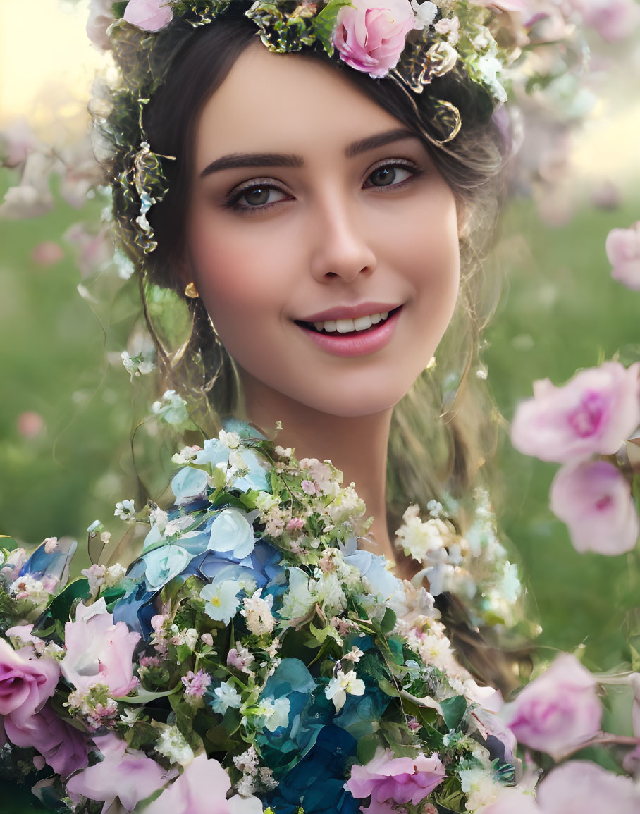 Dark-haired woman in floral crown surrounded by soft pink blossoms