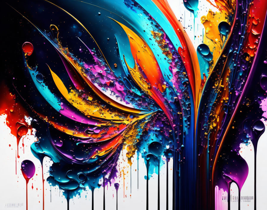 Colorful paint splatters and drips on white background: Abstract art depiction