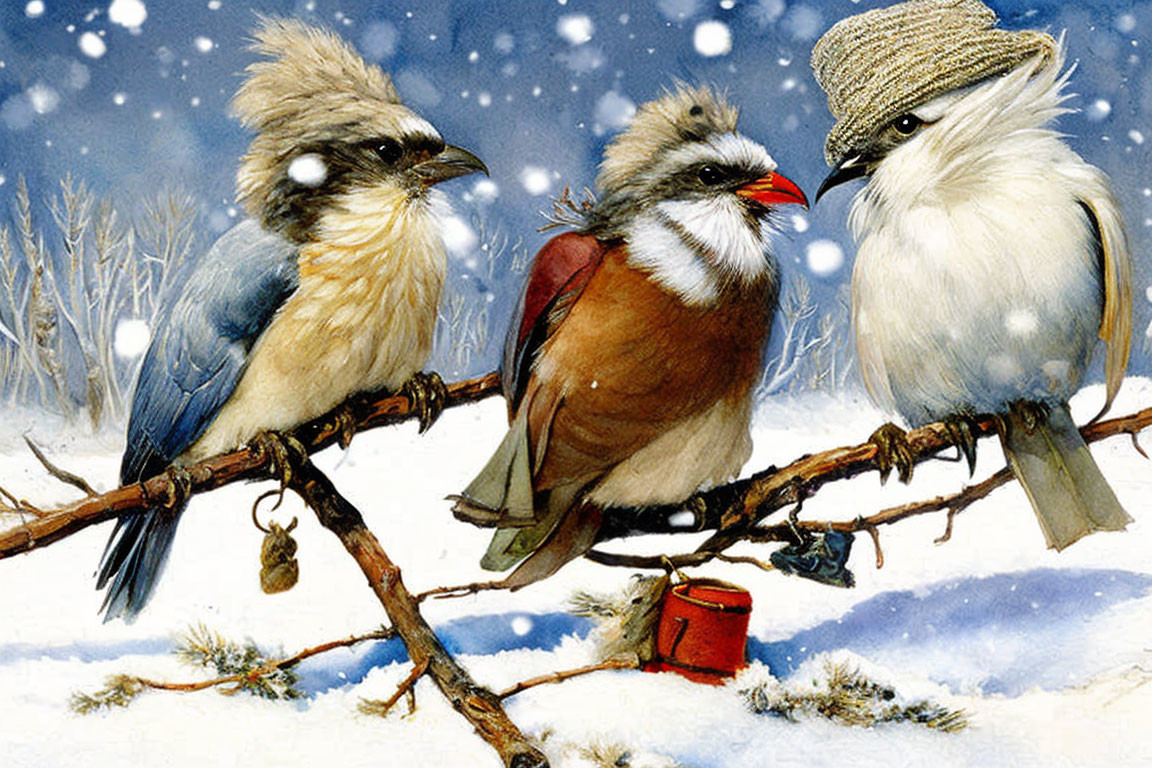 Three Birds in Winter Hats on Snowy Branch with Falling Snowflakes and Red Container