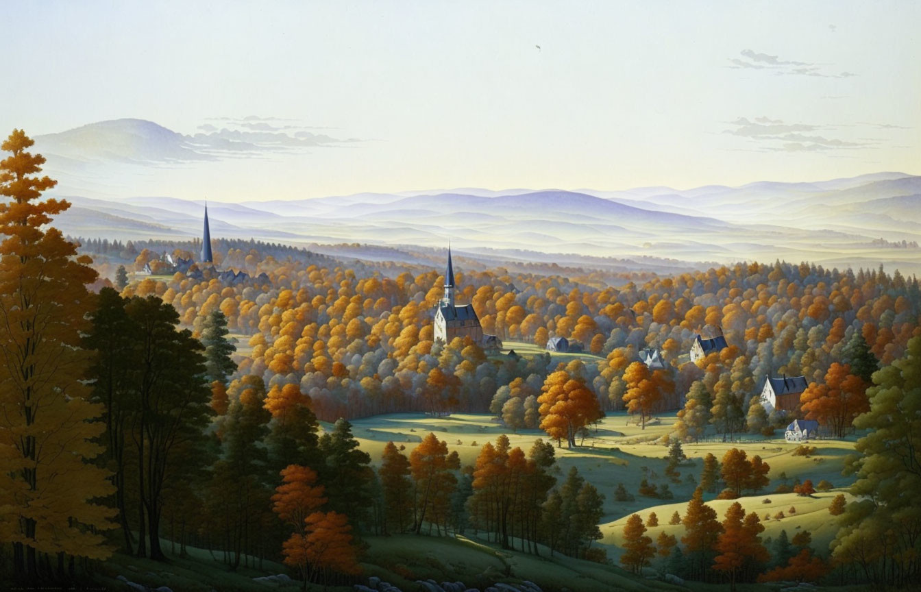 Village landscape painting with autumn trees and church steeples