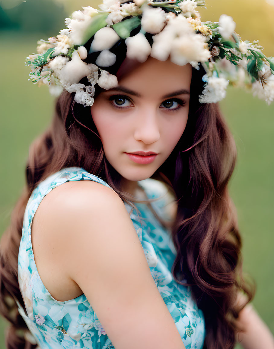 Woman with floral headdress and long brown hair in soft-focus green background