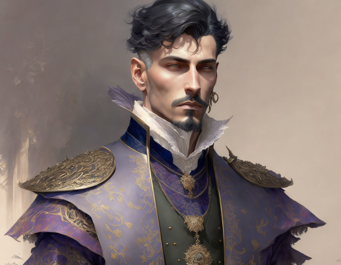 Illustrated male figure in ornate purple and gold military uniform