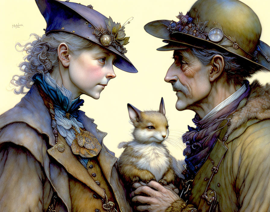 Steampunk-themed illustration of young girl and older gentleman with fox