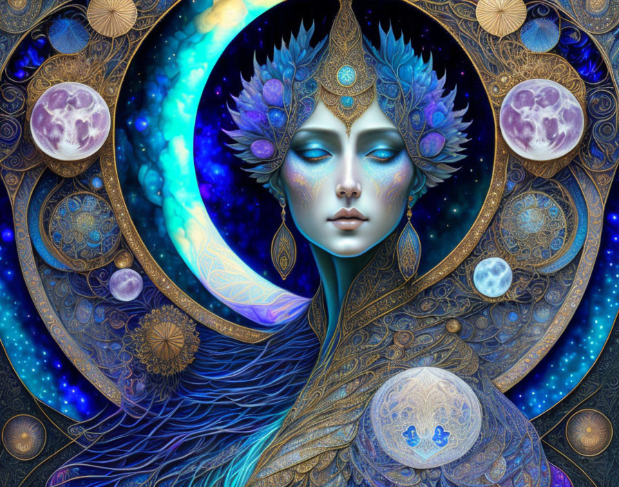 Celestial-themed woman's face illustration with cosmic motifs in blue tones