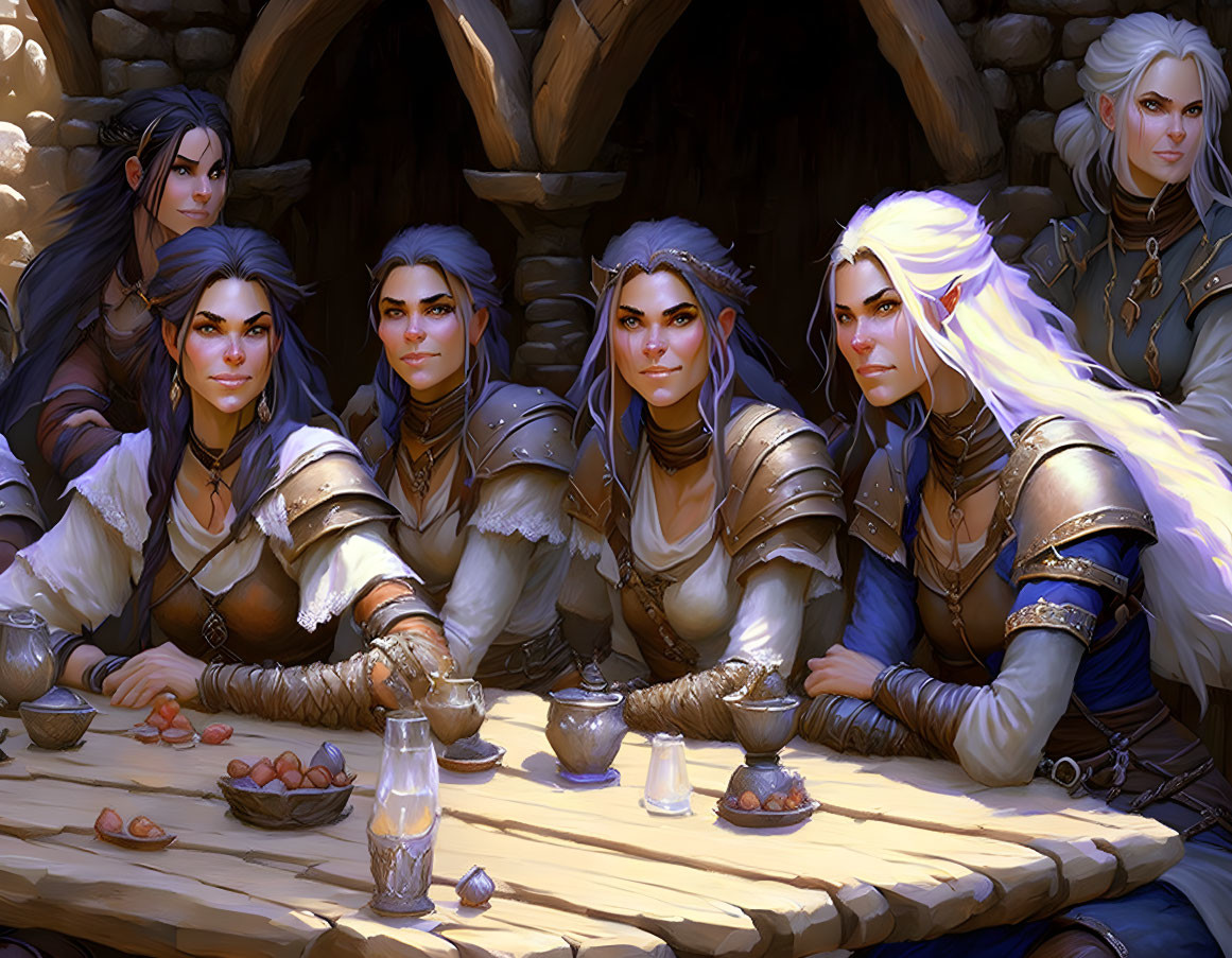 Fantasy characters in medieval attire dining together in camaraderie