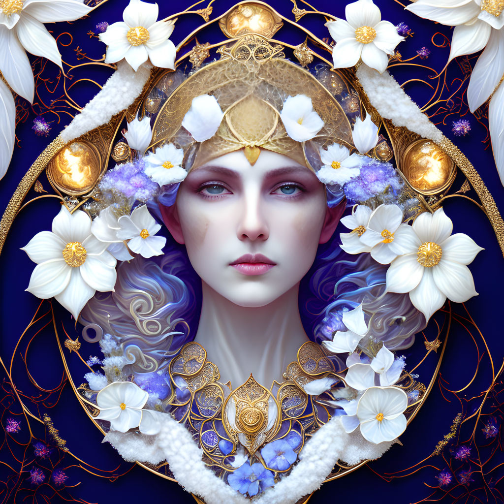 Symmetrical woman illustration with blue eyes and floral motif