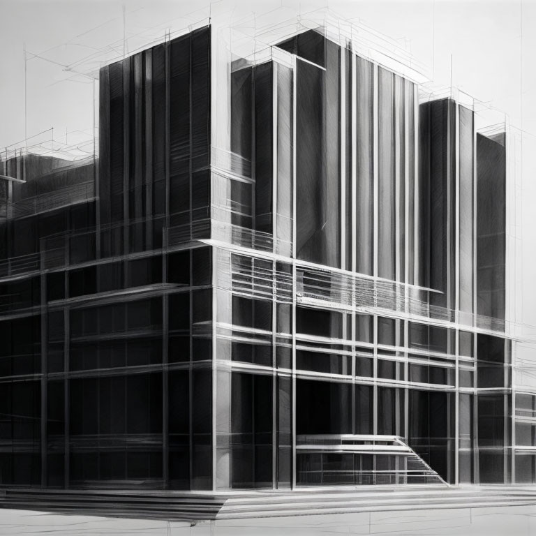 Monochrome architectural sketch of modern building with geometric lines