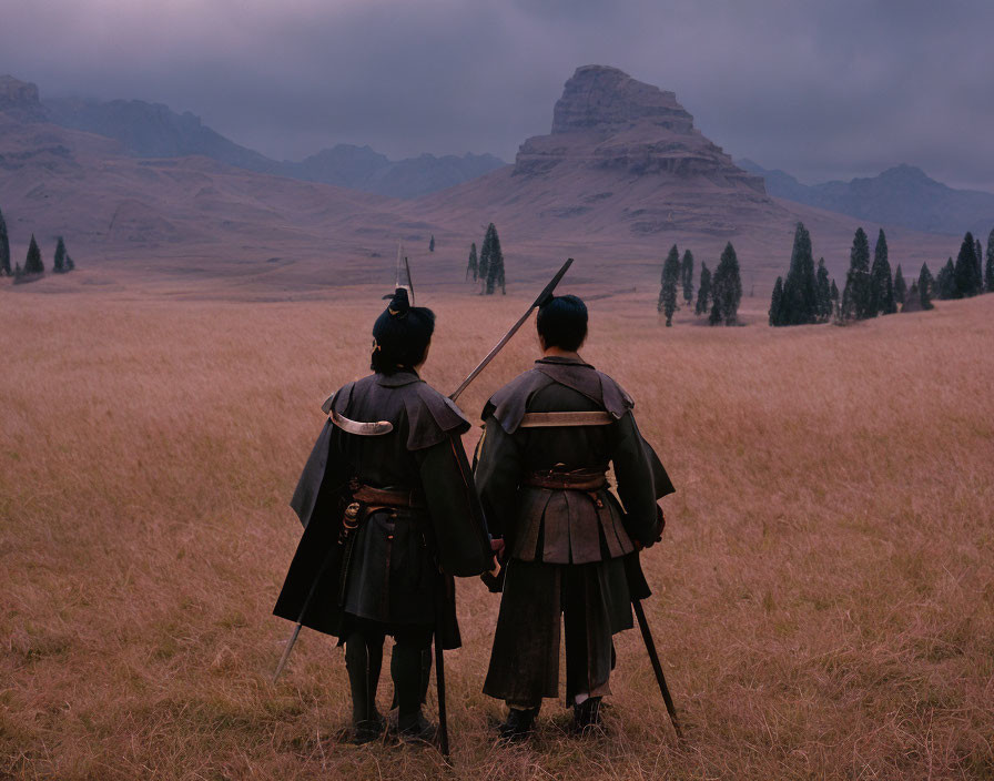 Traditional warriors in field with mountains and moody sky