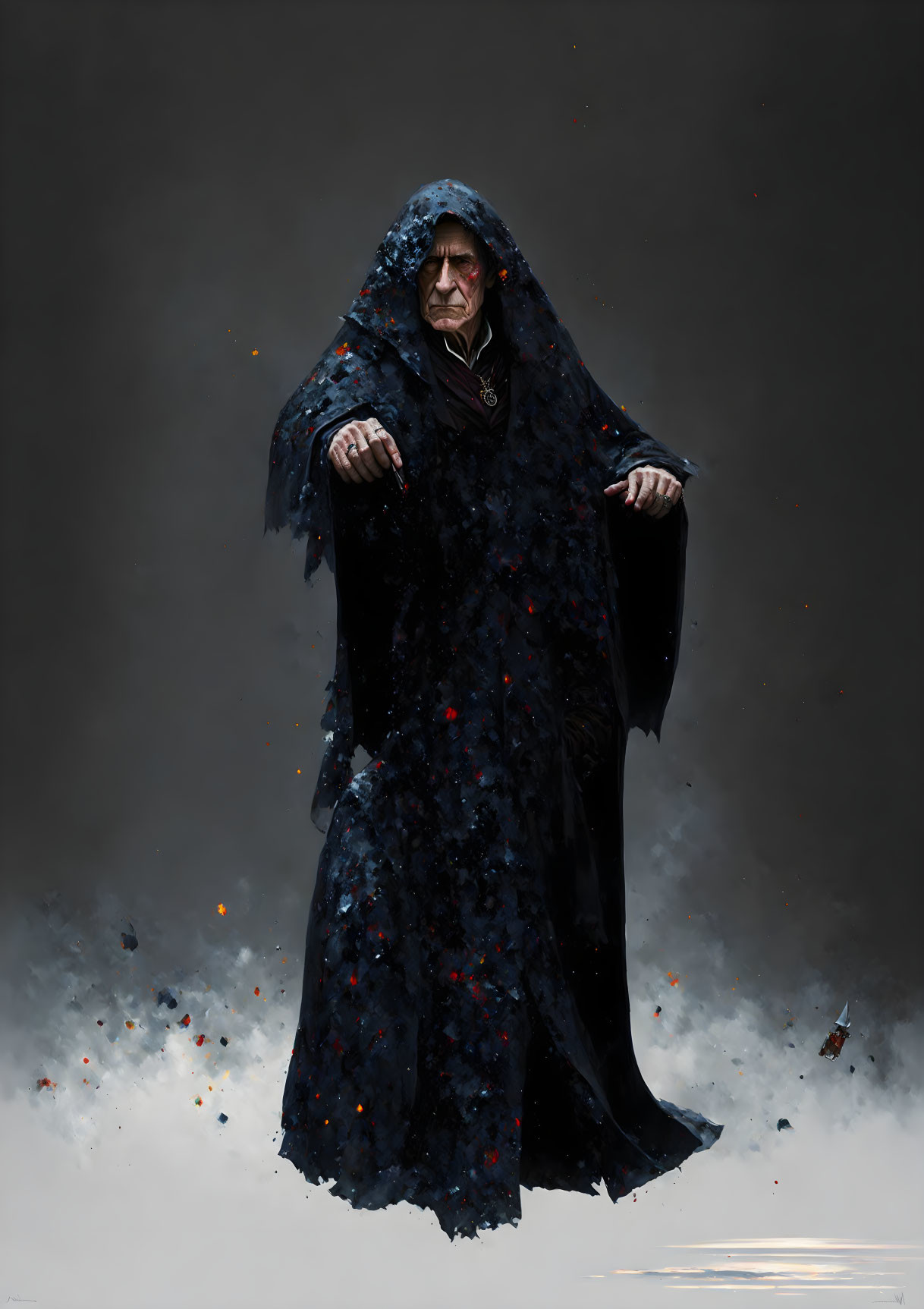 Mysterious figure in dark cloak with glowing embers on grey backdrop