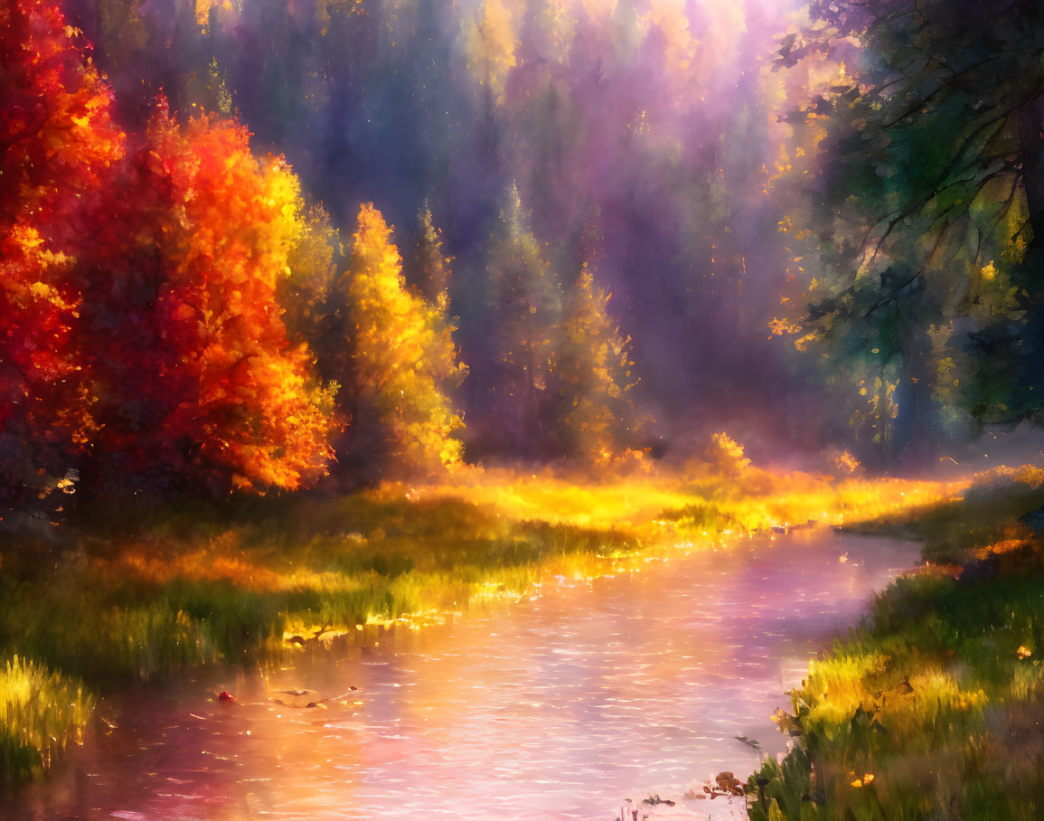 Colorful autumn trees by tranquil river in misty sunlight