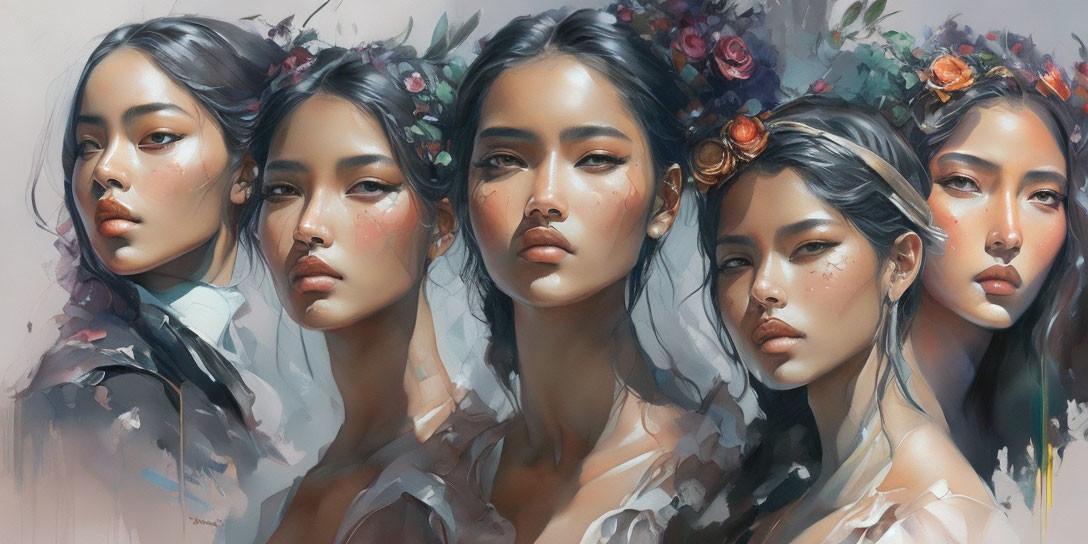 Five Women Portrayed with Floral Headpieces in Soft Painterly Style