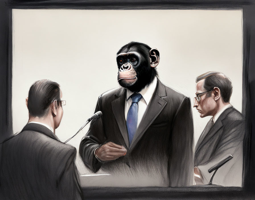 Chimpanzee in Suit with Lawyers in Court Witness Box