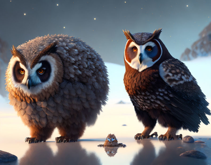 Two animated owls under starry twilight sky - one surprised, one confident