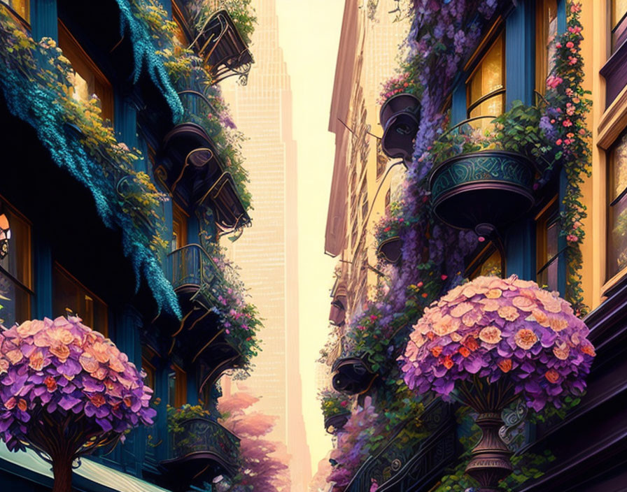 Charming narrow street with purple flowers and greenery under golden sky