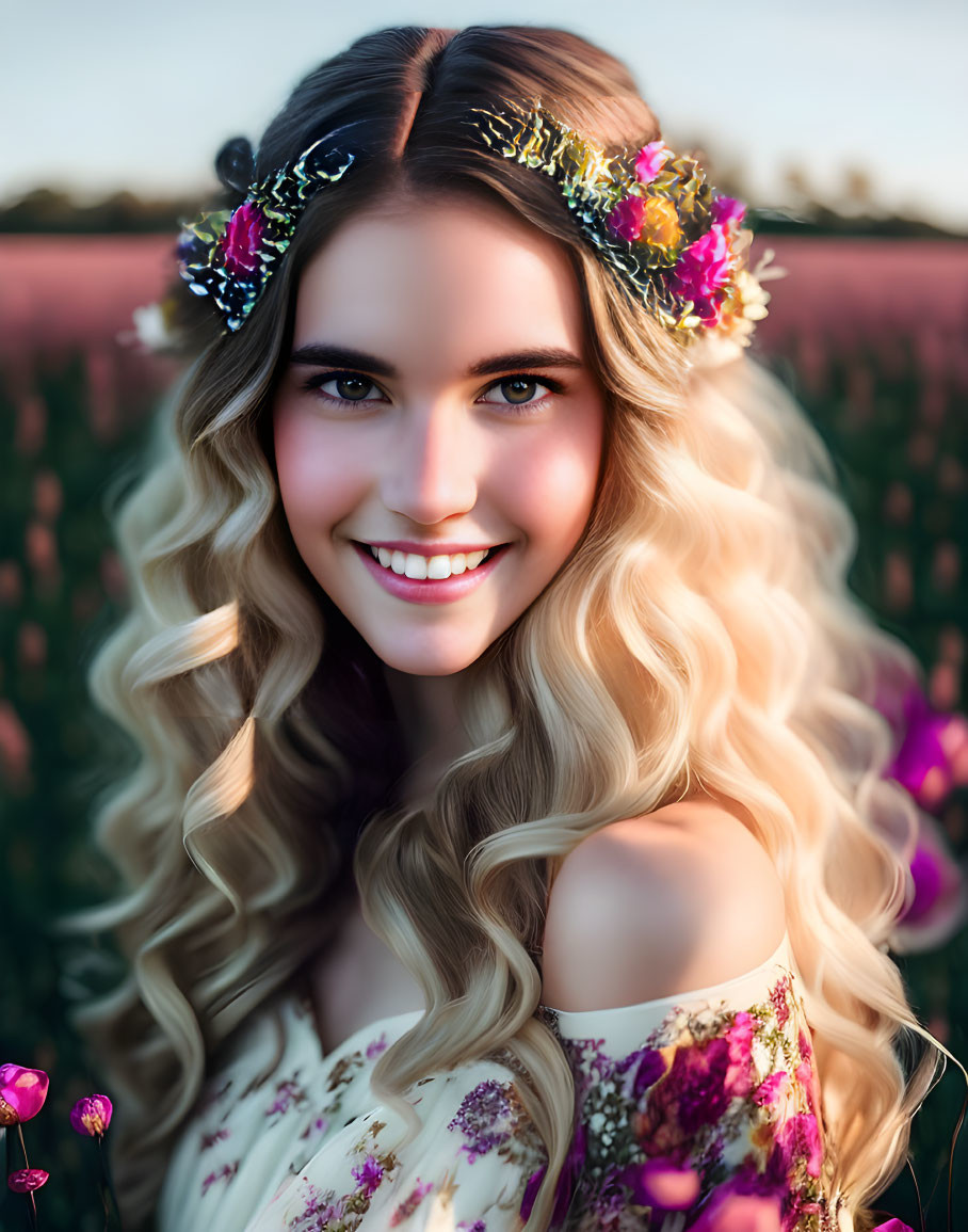 Blonde Woman with Floral Crown in Pink Flower Field at Sunset