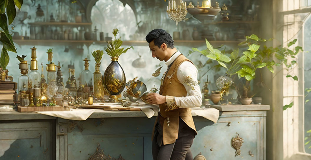 Vintage waistcoat-clad man examines ornate object at antique workstation