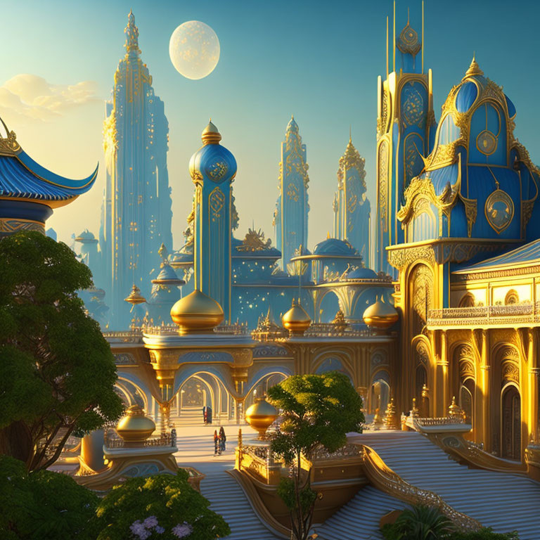 Fantastical city with golden and blue towers under clear sky