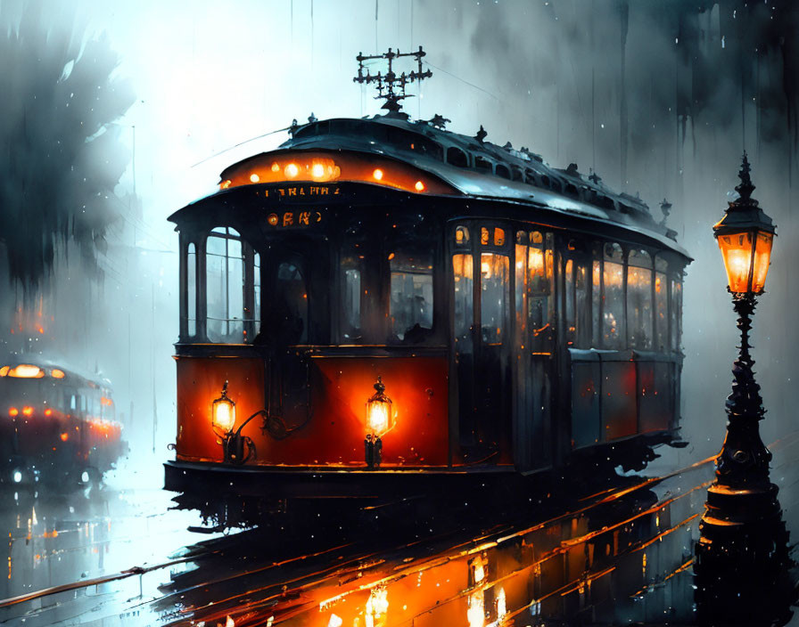 Vintage tram travels on wet tracks at night in rain-blurred cityscape