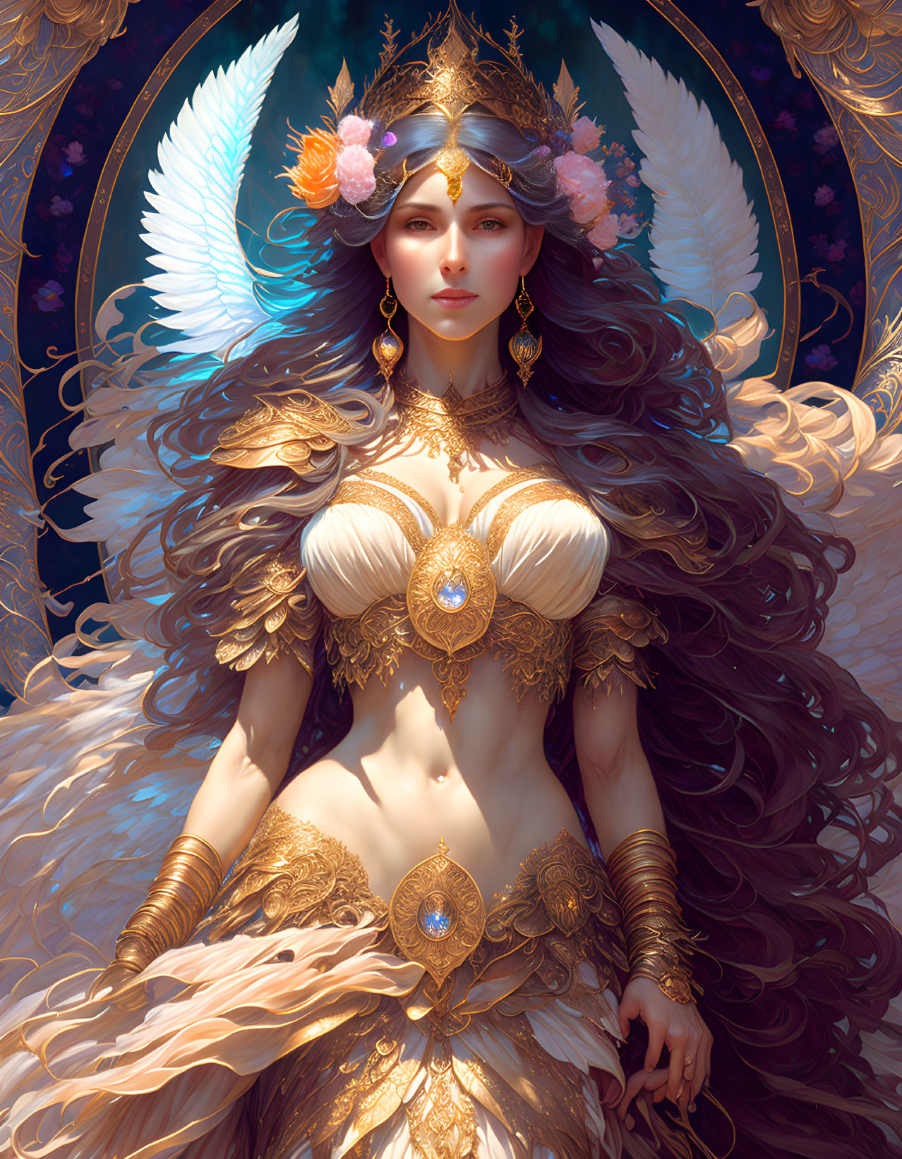 Ethereal figure with angelic wings in golden armor and celestial motif