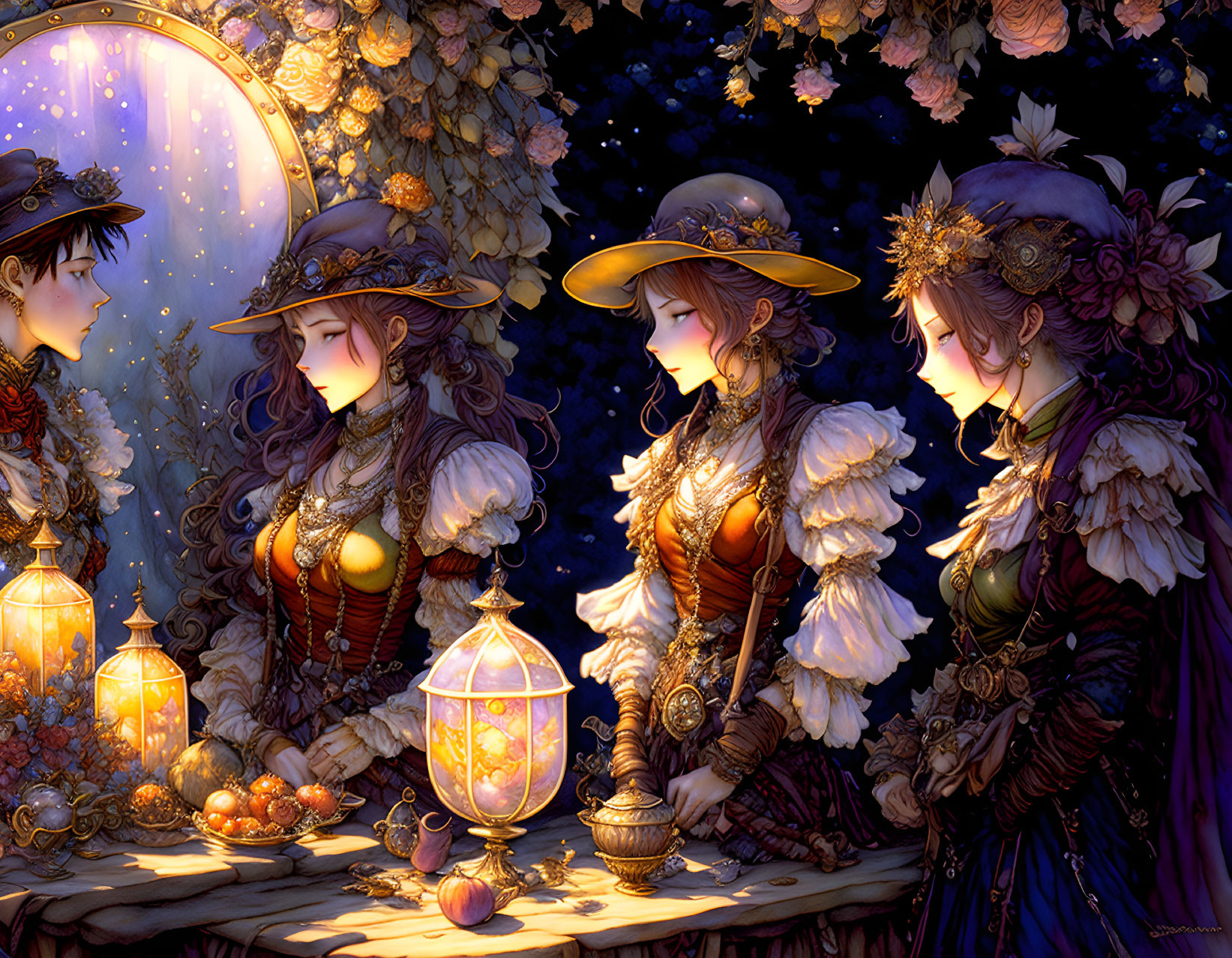 Victorian-themed artwork featuring three elegant women under a full moon