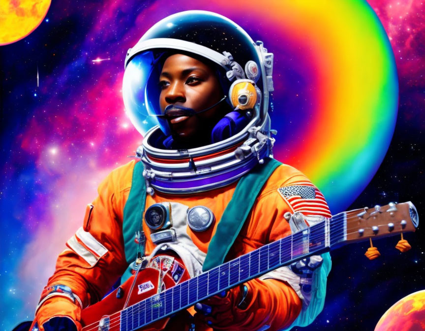 Astronaut in orange spacesuit with electric guitar in cosmic scene