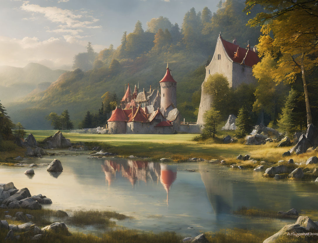 Majestic castle in autumn woods by tranquil lake
