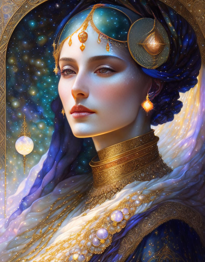 Digital portrait of woman with blue hair, golden jewelry, and cosmic background blending fantasy and space themes