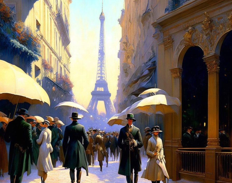 Vintage Parisian street scene with Eiffel Tower and elegantly dressed people