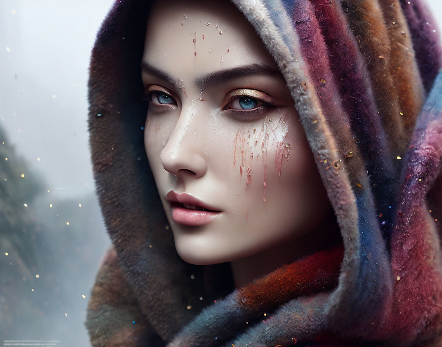 Digital portrait of woman in colorful cloak with striking eyes and red paint tears.